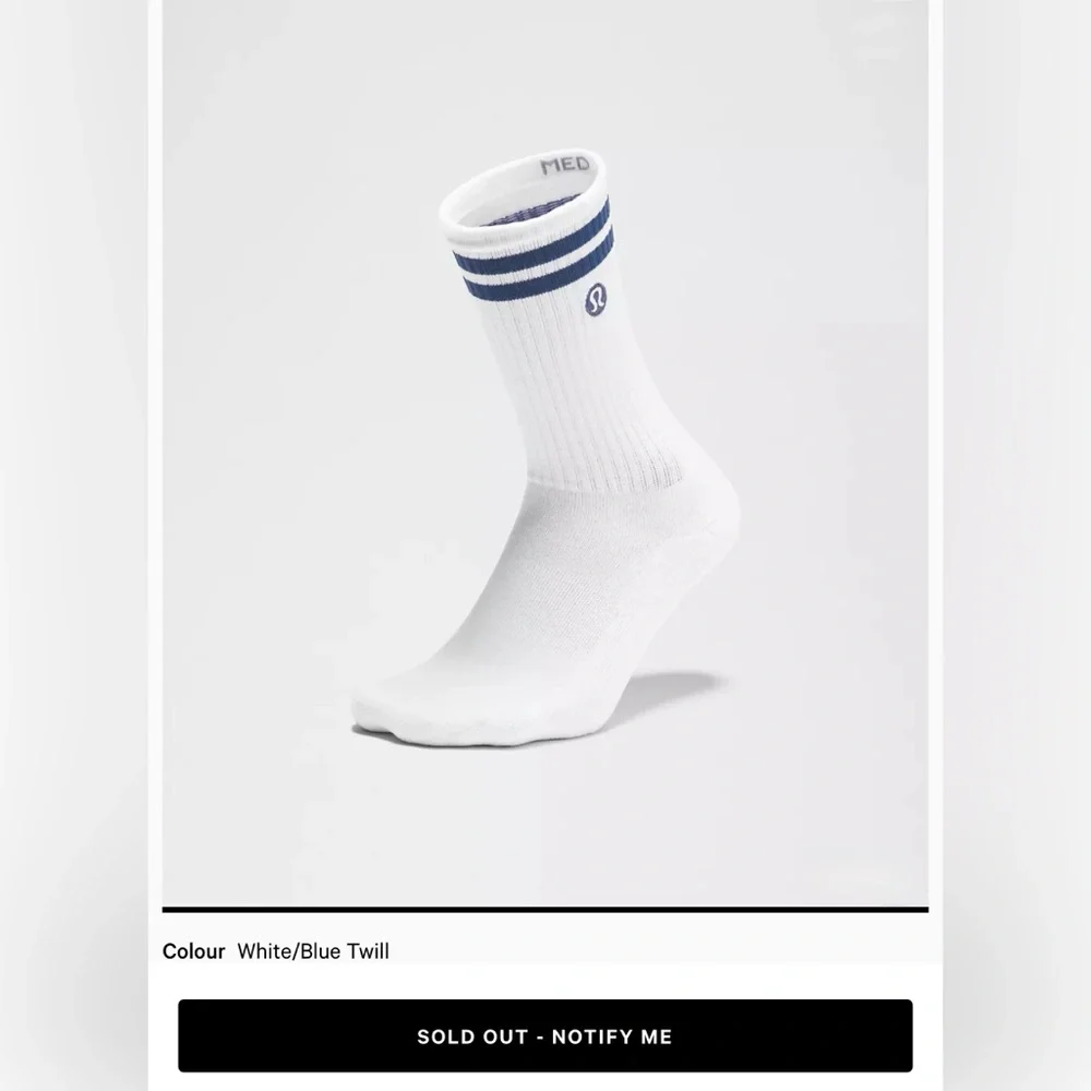 lululemon Crew Stripe Socks,White,Blue, Daily Essentials, L (9.5-12)